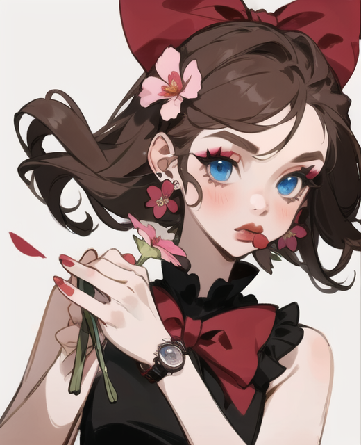 00022-3106396330-,1girl, solo, flower, earrings, watch, wristwatch, jewelry, brown hair, blue eyes, holding, bow, simple background, hair bow, ho.png